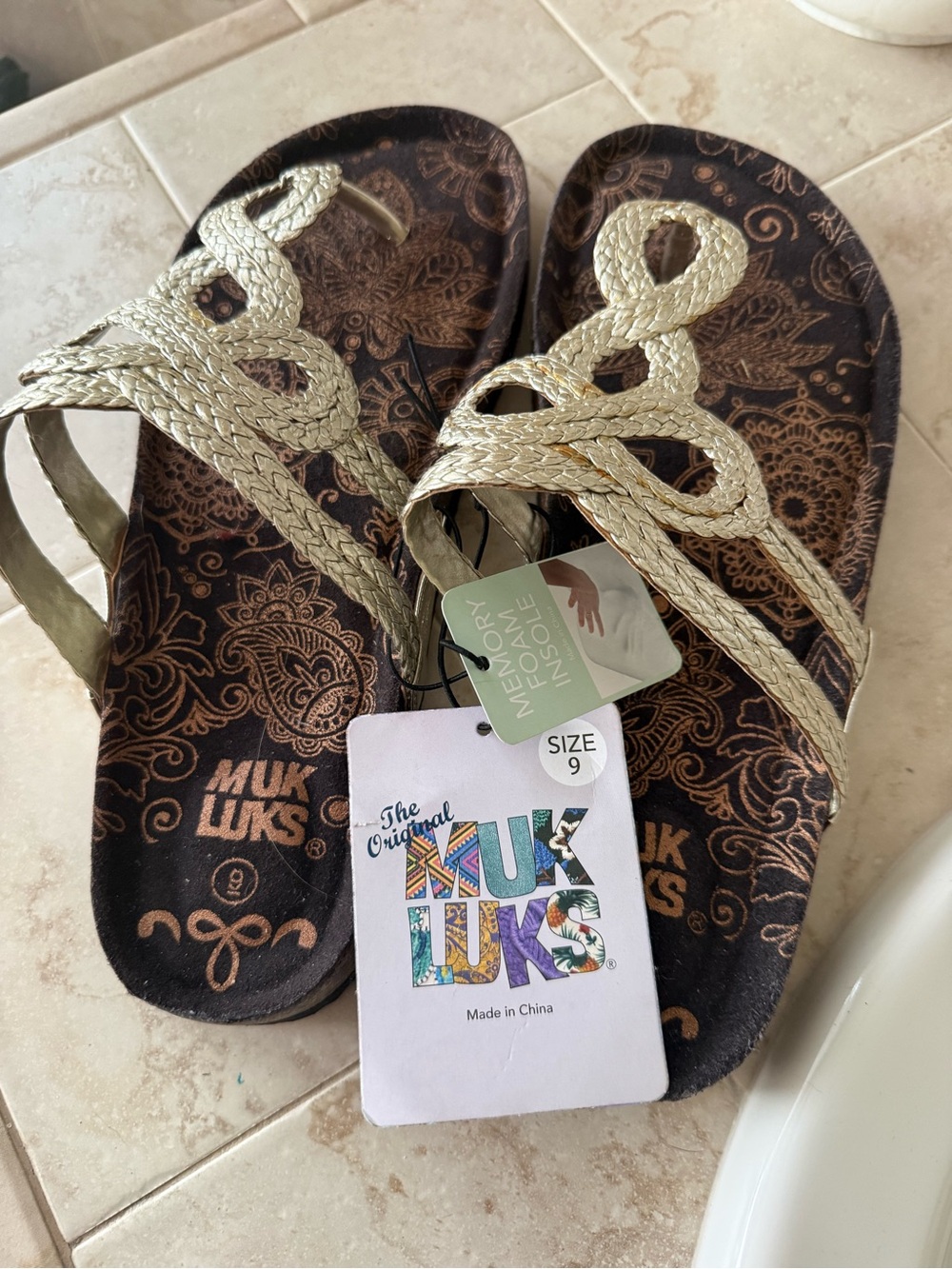 Muk Luks Gold Braided Strap Memory Foam Sandals